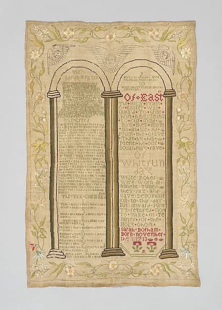 Sampler with the Lord's Prayer, the Ten Commandments and other text by Sarah Borham depicting Exodus 20