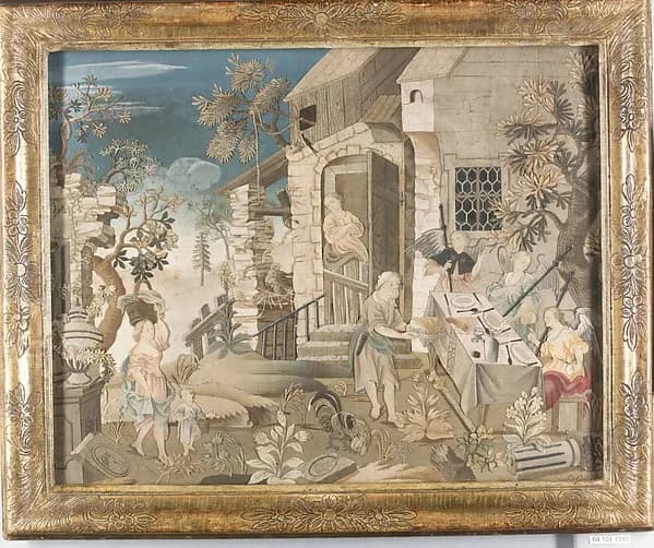Collage picture with scenes from the story of Abraham by Anonymous depicting Genesis 18