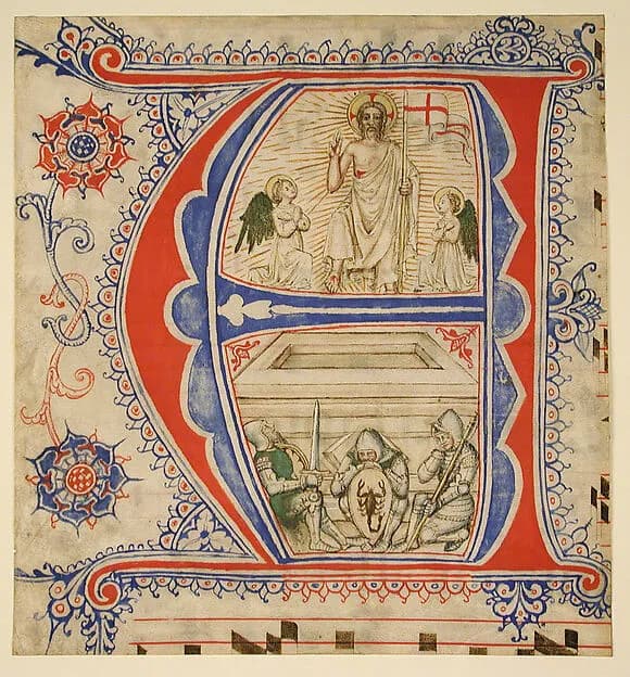 Manuscript Leaf Showing an Illuminated Initial A and The Resurrection by Anonymous depicting Matthew 28
