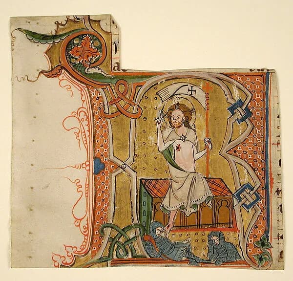 Manuscript Leaf Showing an Illuminated Initial R with The Resurrection by Anonymous depicting Matthew 28