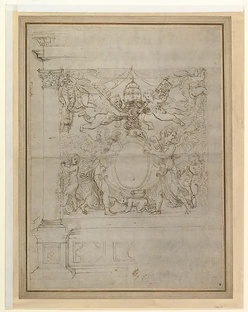A Tabernacle Containing a Papal Escutcheon Supported by Angels by Giulio Romano depicting Exodus 25