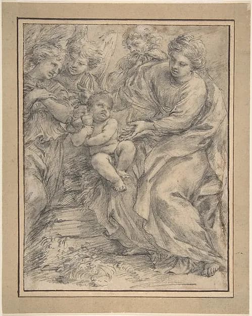 The Holy Family with Two Angels by Alessandro Algardi depicting Luke 2