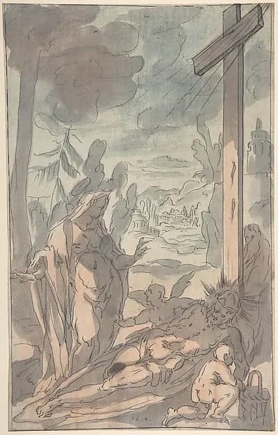 The Standing Virgin Lamenting the Dead Christ at the Foot of the Cross by Anonymous, German, 17th century depicting Luke 1