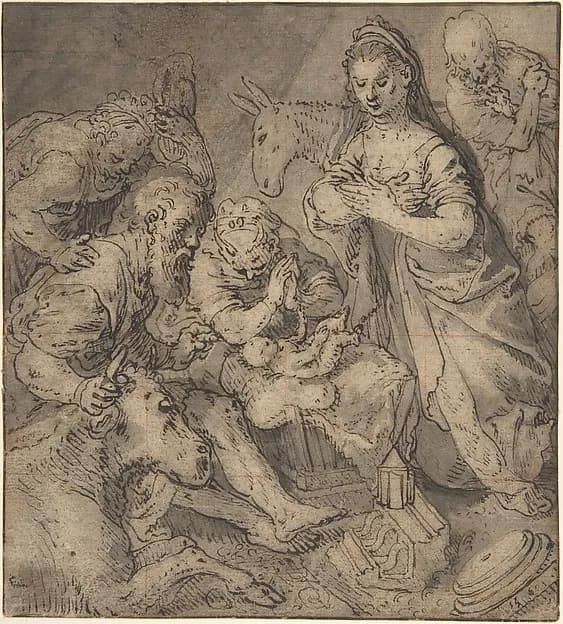 Adoration of the Shepherds by Joachim Beuckelaer depicting Luke 2