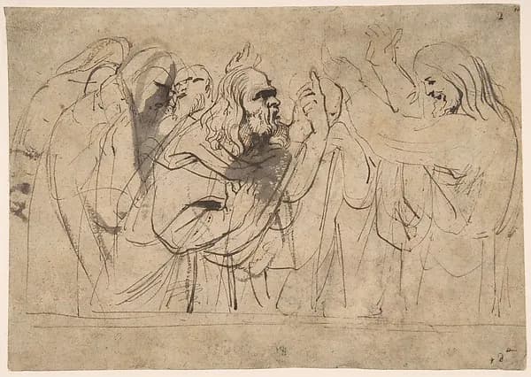 Christ and the Pharisees; verso; Christ and a Pharisee by Anthony van Dyck depicting John 1