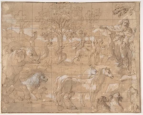 Garden of Eden; Creation of the Animals by Anonymous, Netherlandish, 16th century depicting Genesis 3