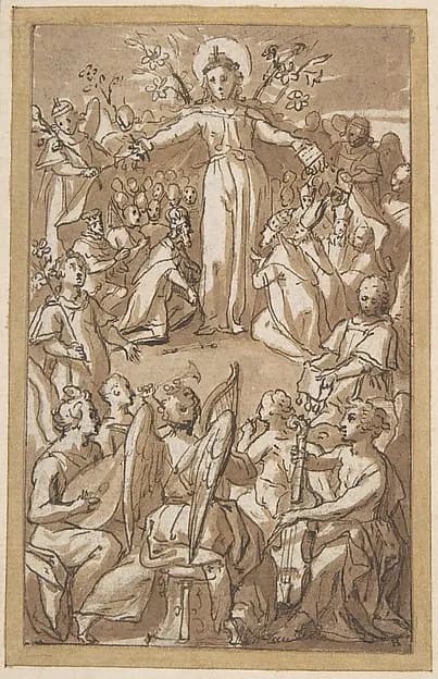 The Virgin Surrounded by Angels and Representatives of Secular and Ecclesiastical Authorities by Pieter de Jode I depicting Luke 1