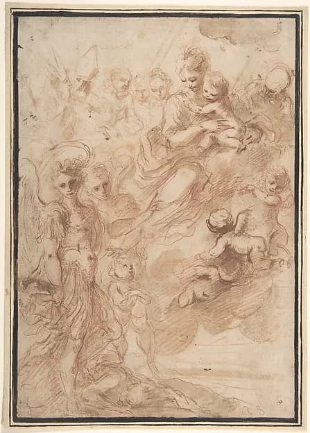 Saint Michael the Archangel and Another Figure Recommending a Soul to the Virgin and Child in Heaven by Bartolomeo Biscaino depicting Revelation 12