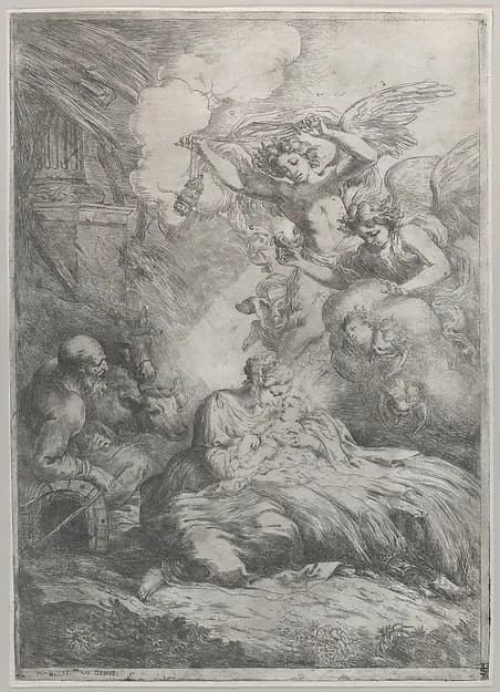 The Nativity with Angels by Bartolomeo Biscaino depicting Luke 2