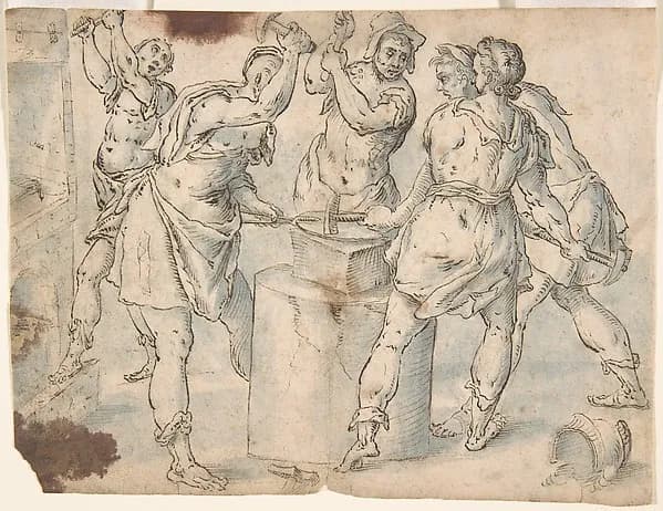 Five Men Around an Anvil, verso: Figures in a Wood (The Preaching of Saint John the Baptist?) by Anonymous, Netherlandish, 16th century depicting Matthew 3