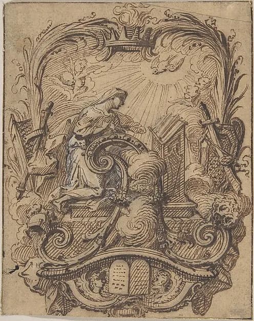Study for a Decorated Initial A with the Annunciation by Gilles-Marie Oppenord depicting Luke 1