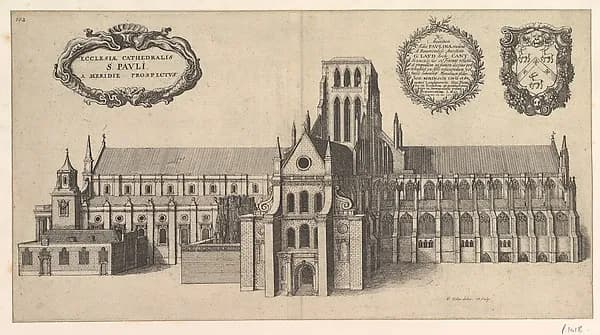 Saint Paul's, South side (Ecclesiae Cathedralis St. Pauli, A Meridi Prospectus), from "The History of St. Paul's Cathedral in London" by Wenceslaus Hollar depicting Acts 9