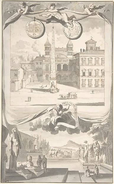 A View of the Obelisk and Saint John in Lateran (above) and a View of an Egyptian Site (?) (below) by Jan Goeree depicting Matthew 3