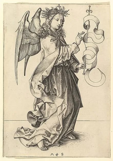 The Annunciation: The  Angel Gabriel by Martin Schongauer depicting Luke 1