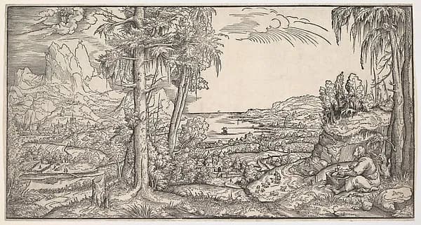Landscape with Saint John the Evangelist by Virgil Solis depicting Revelation 1
