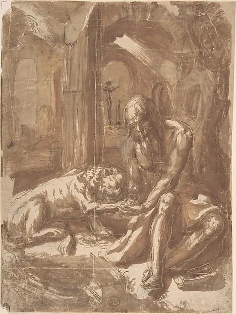 Saint Jerome and the Lion by Anonymous, Italian, Roman-Bolognese, 17th century depicting Romans 8