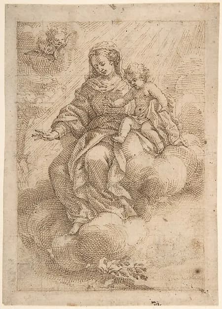 Madonna and Child Seated on Clouds (recto); Madonna and Child in Reverse (verso) by Vicente Salvador Gómez depicting Luke 2