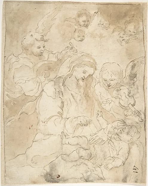 Madonna and Child with Angels Playing Lute and Viola da Braccio by Anonymous, Spanish, School of Seville, 17th century depicting Luke 2