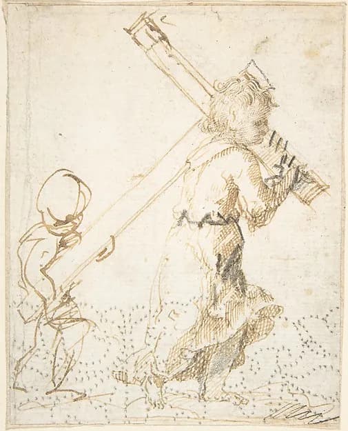 Christ Child and Secondary Child Figure Bearing the Cross (recto); Fragment of Design for Ornamental Border (verso) by Anonymous, Spanish, School of Seville, 17th century depicting Luke 2