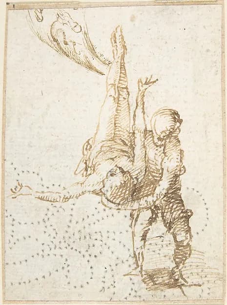 Scene of Martyrdom (Crucifixion of Saint Peter?) (recto); Fragment of Design for Ornamental Border (verso) by Anonymous, Spanish, School of Seville, 17th century depicting Matthew 27