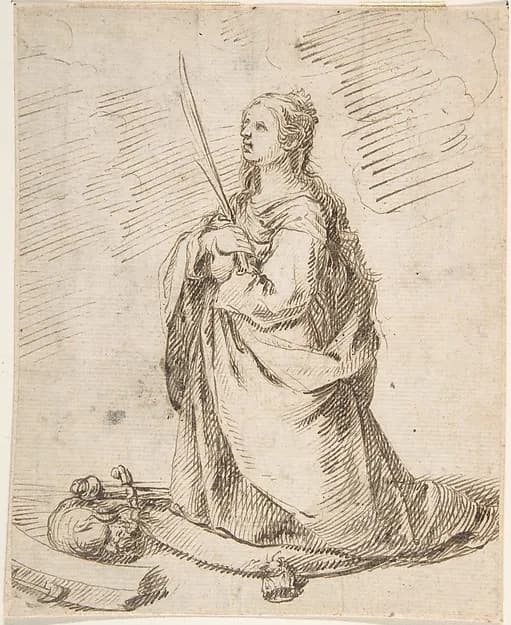 Kneeling Figure of Saint Catherine of Alexandria by Anonymous, Spanish, School of Seville, 17th century depicting Romans 8