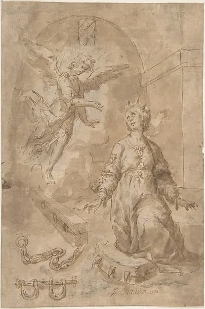 An Angel Appearing to Saint Catherine of Alexandria in Prison (recto); Volute (verso) by Anonymous, Spanish, School of Seville, 17th century depicting Romans 8