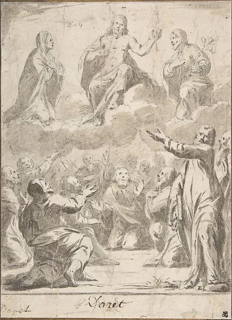 The Risen Christ between the Virgin and St. Joseph, Appearing to St. Peter and other Apostles by Jean Daret depicting Matthew 4