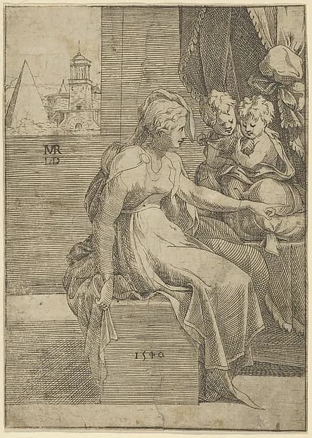 Seated woman with two children (Virgin with Christ and St John the Baptist?) by Léon Davent depicting Matthew 3