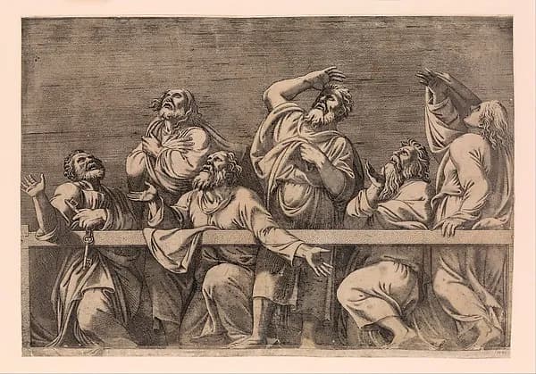 The Apostles Looking at Christ and the Virgin in a Glory of Angels (bottom right plate) by Léon Davent depicting John 1