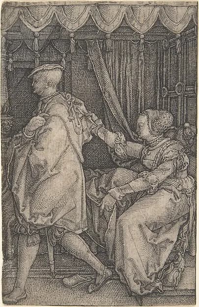 Joseph and Potiphar's Wife by Heinrich Aldegrever depicting Genesis 37