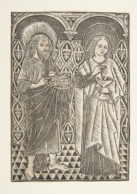 Saint John the Baptist and Saint John the Evangelist by Master with the Cologne Arms depicting Matthew 3