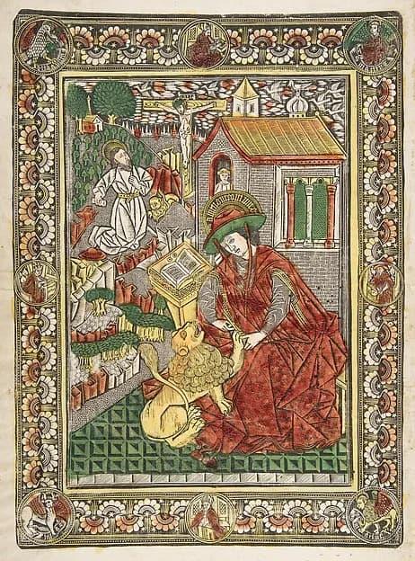 Saint Jerome in Penitence and as a Scholar Removing a Thorn from a Lion's Paw by Master of the Church Fathers' Border depicting Romans 8