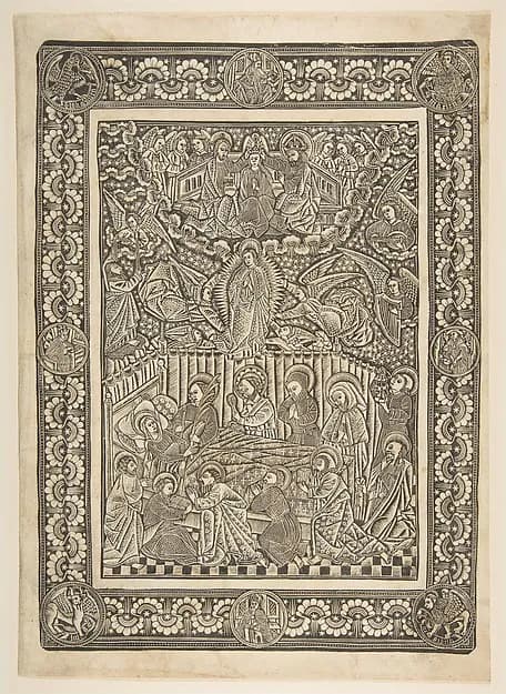 The Death, Assumption, and Crowning of the Virgin by The Master of the Mountainlike Clouds and The Master of the Church Fathers' Border depicting Luke 1