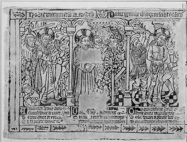 Three Fragments of a Passion Frieze: The Kiss of Judas, Christ before Pilate, and the Flagellation; The Crucifixion and the Descent from the Cross; The Entombment and the Resurrection by Anonymous, French, Amiens, 15th century depicting Matthew 26