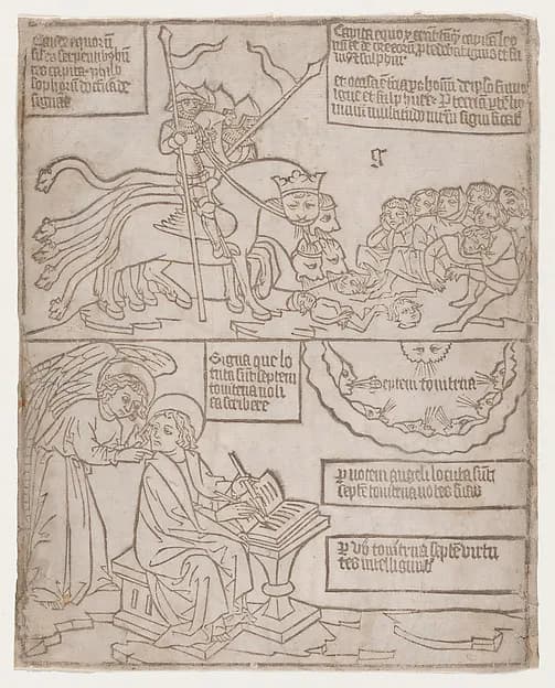 The Angels of the Euphrates Killing Mankind; and The Angel Preventing Saint John from Recording the Words of the Seven Thunders, from an "Apocalypse" blockbook, second edition by Anonymous, Netherlandish, 15th century depicting Revelation 1