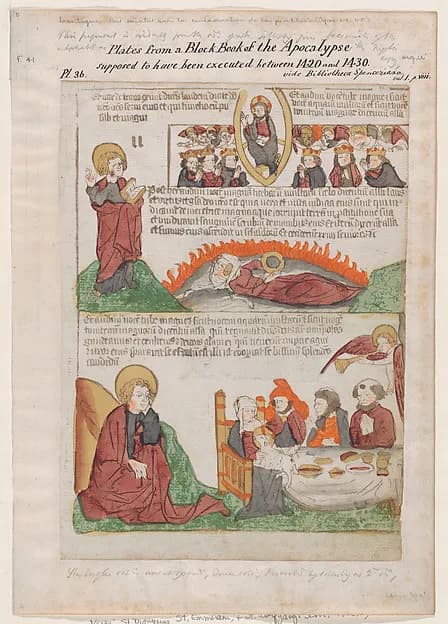 Song of Praise in Heaven over the Fall of the Whore of Babylon; The Wedding of the Lamb from an Apocalypse block book, 2nd edition by Anonymous, Netherlandish, 15th century depicting Revelation 1