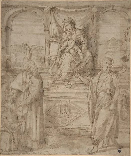 Madonna and Child Enthroned with Saint Basil the Great and Saint John the Baptist and Donor by Niccolò dell' Abate depicting Matthew 3