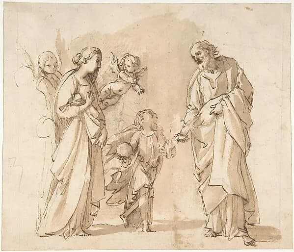 Return of the Holy Family from Egypt (recto); Studies for the Return from Egypt (verso) by Giovanni Baglione depicting Luke 2