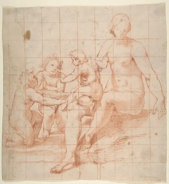 Study for a Virgin and Child with Two Angels (recto); Two Studies of Hands (verso) by Poppi (Francesco Morandini) depicting Luke 2