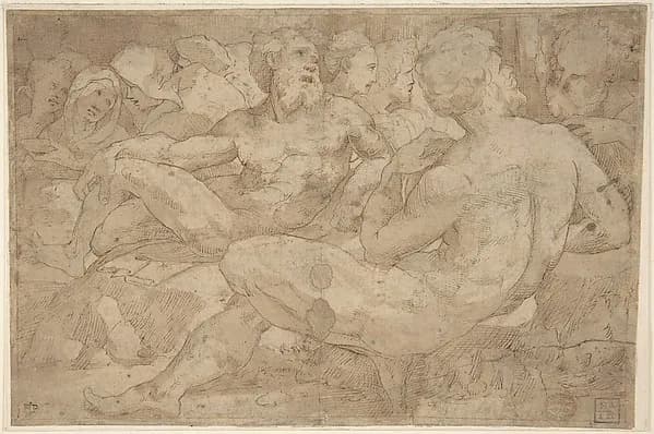 Copy in Reverse Design Orientation: Based on the Group of Reclining Figures at Left in Domenico Beccafumi's Scene of Moses Striking the Rock in the Pavement of Siena Cathedral by Domenico Beccafumi depicting Exodus 2