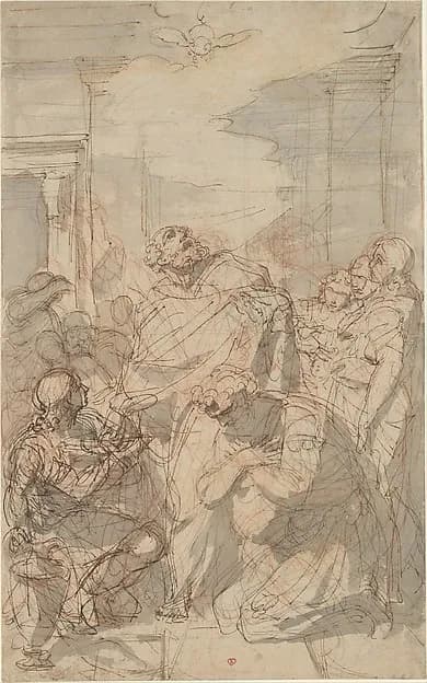 St. Peter Baptizing Cornelius (Acts 10: 44-48) by Laurent Pécheux depicting Matthew 4