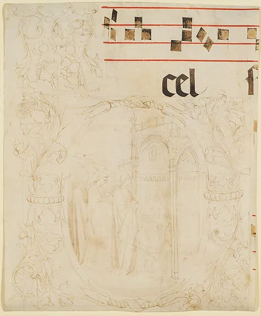 Unfinished Design for a Choir Book: Initial with Scene of Christ Entering the Temple. by Lorenzo Monaco (Piero di Giovanni) depicting John 1