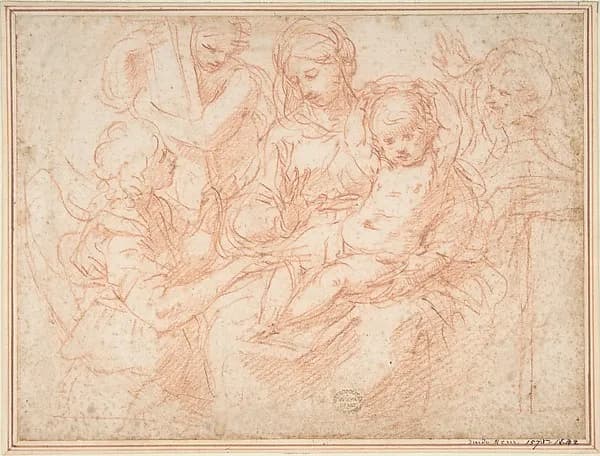 The Holy Family with Angels Bearing Symbols of the Passion by Simone Cantarini depicting Luke 2