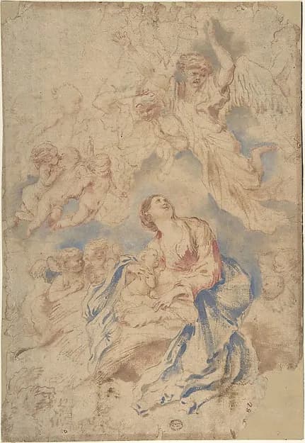 Nativity with Angels by Giovanni Benedetto Castiglione (Il Grechetto) depicting Luke 2