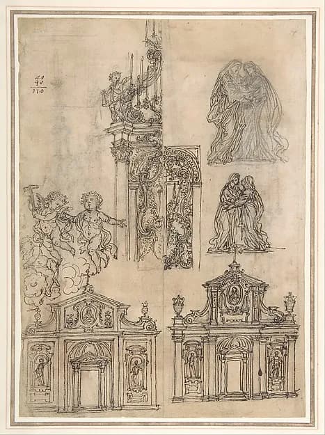 A Sheet of Studies with Architectural Motifs and Two Sketches for a Visitation (recto); Sketch for a Funerary Monument (verso) by Giovanni Battista Foggini depicting Luke 1