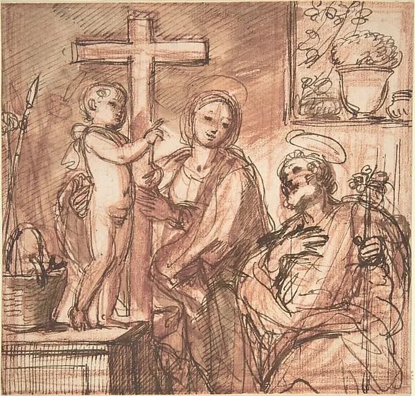 Holy Family in an Interior by Anonymous, Italian, Roman-Bolognese, 17th century depicting Luke 2