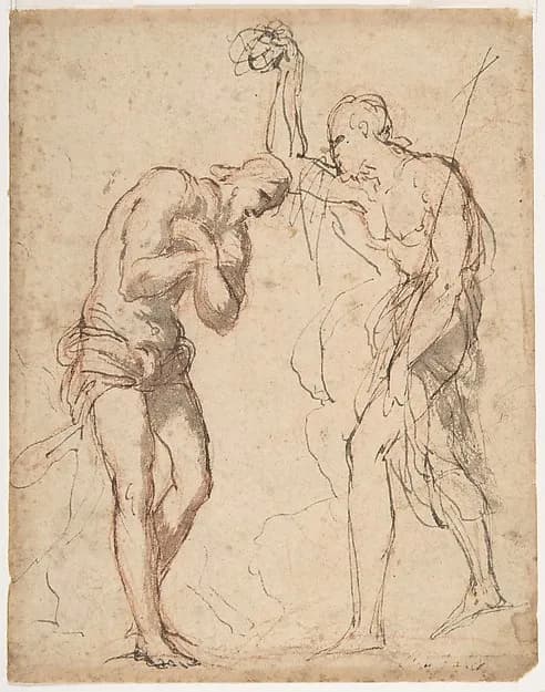 The Baptism of Christ (recto); Kneeling Figure (?) in a Landscape (verso) by Micco Spadaro (Domenico Gargiulo) depicting Matthew 3