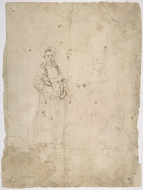Standing Figure of Saint Stephen and the Head of Another Figure Within the Framing Outlines of a Rectangle, Crude Sketch of the Head of Another Figure, Undecipherable Sketch of a Polygonal or Circular Object with Small Projections by Domenico Ghirlandaio depicting Acts 7