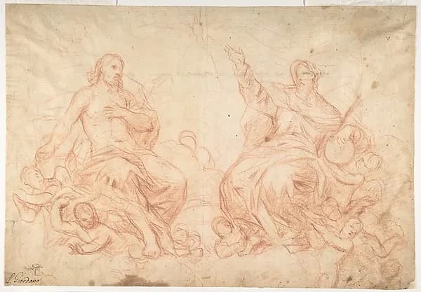 The Holy Trinity (recto); Studies of Seated Female Figures (the Virgin and another Saint?) (verso) by Luca Giordano depicting Luke 1
