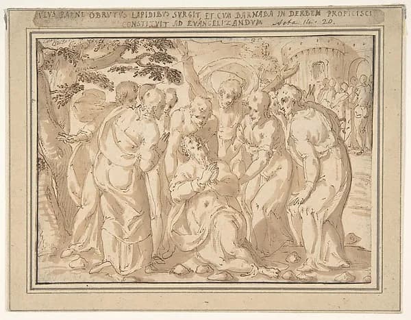 Saint Paul Surrounded by Disciples after His Lapidation at Lystra (Acts 14:20) by Giovanni Guerra depicting Acts 9